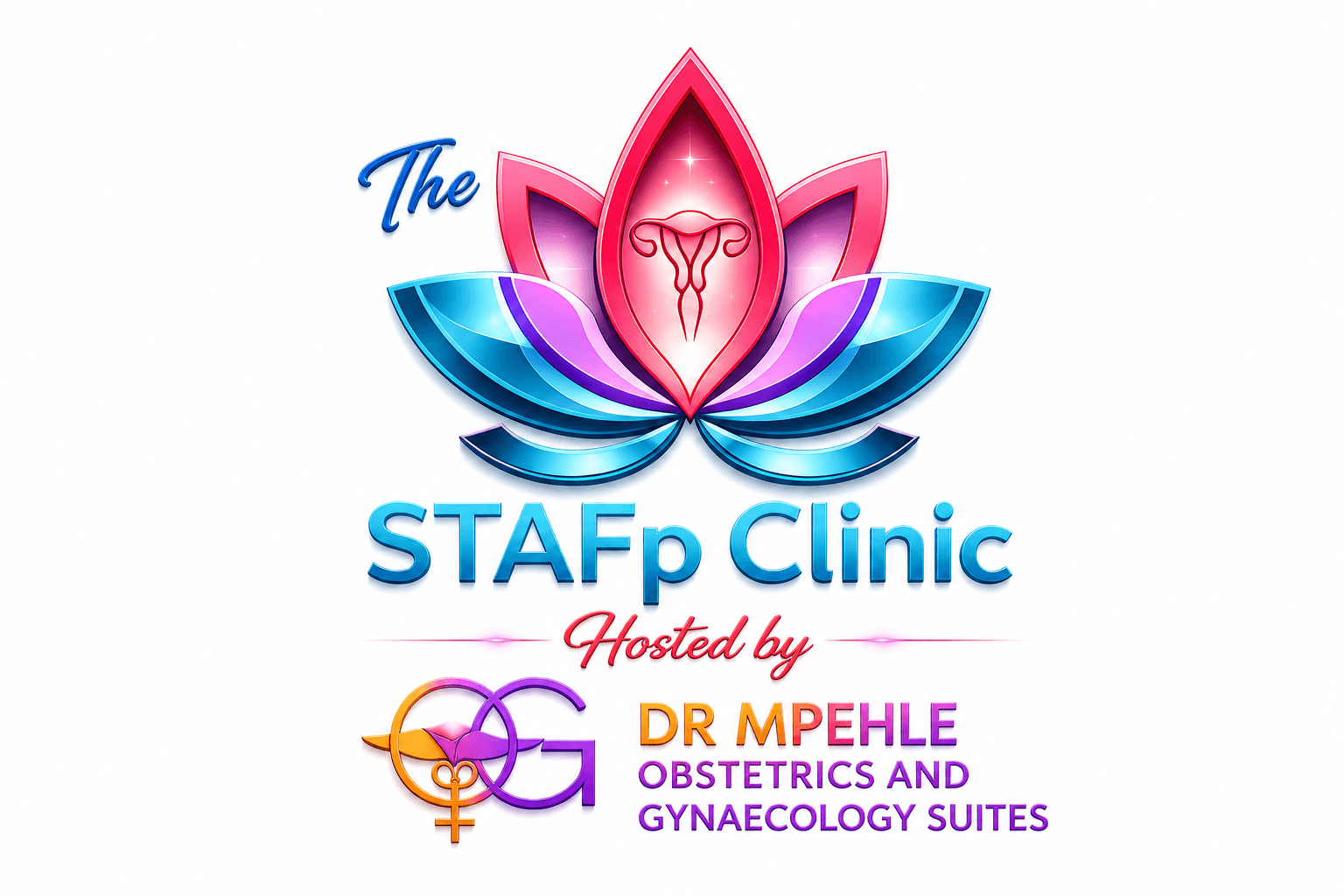 The STAFp Clinic logo with a lotus flower, uterus symbol, and Dr Mpehle's medical suites.